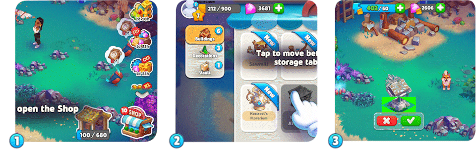 Step-by-step guide on how to place objects from the Vault: opening the Shop, selecting an item like 'The Book of Palindrome' from the Vault tab, and positioning it on Home Island.gif